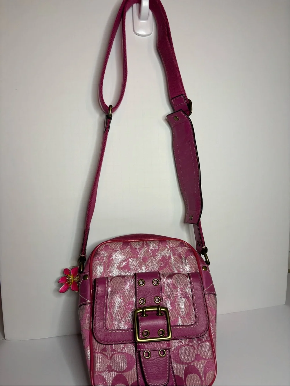 Coach Pink Signature Canvas Crossbody with Buckle Front